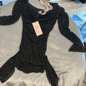 Black Beaded Long Sleeve Dress